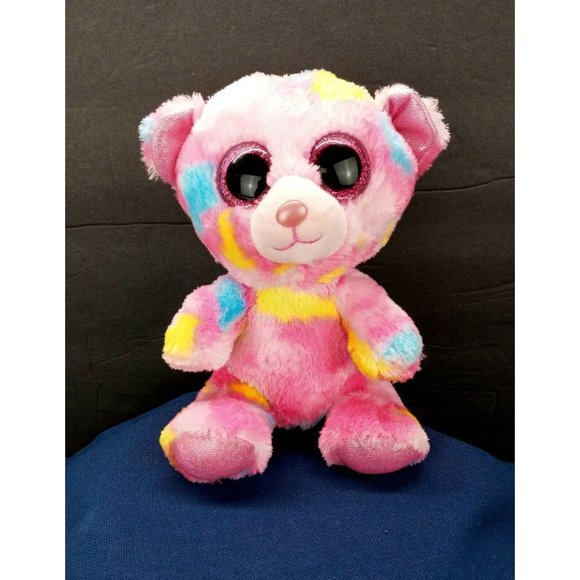 Ty Other - Ty Beanie Boos Franky Bear Pink TySilk Tie Dye Glitter Eyes Soft 6 inch Plush